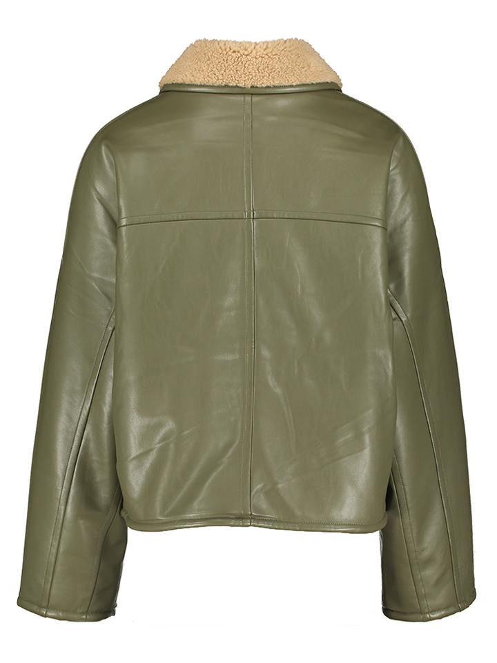 Kakigroene lederlook / beige teddy reversibel jas Josh Bellerose