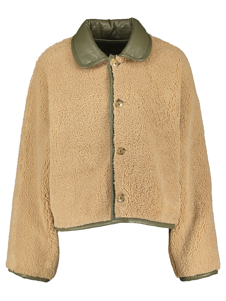 Kakigroene lederlook / beige teddy reversibel jas Josh Bellerose