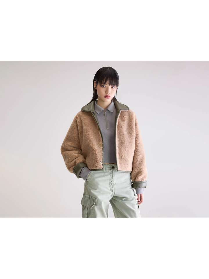 Kakigroene lederlook / beige teddy reversibel jas Josh Bellerose