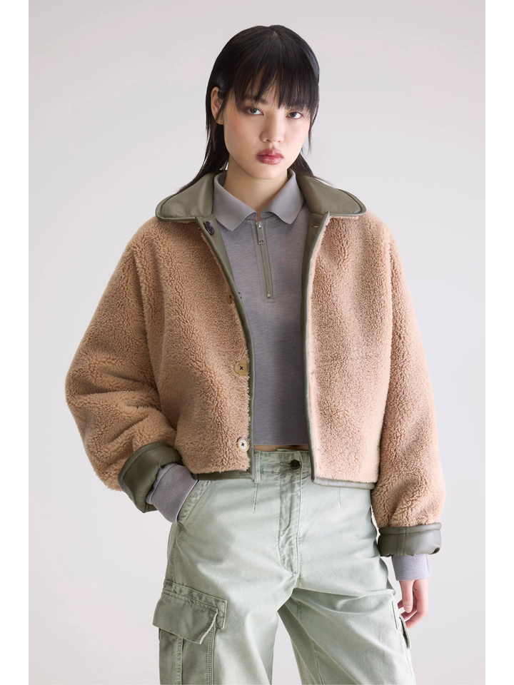 Kakigroene lederlook / beige teddy reversibel jas Josh Bellerose