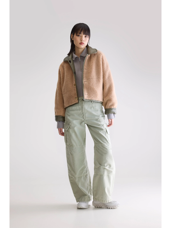 Kakigroene lederlook / beige teddy reversibel jas Josh Bellerose