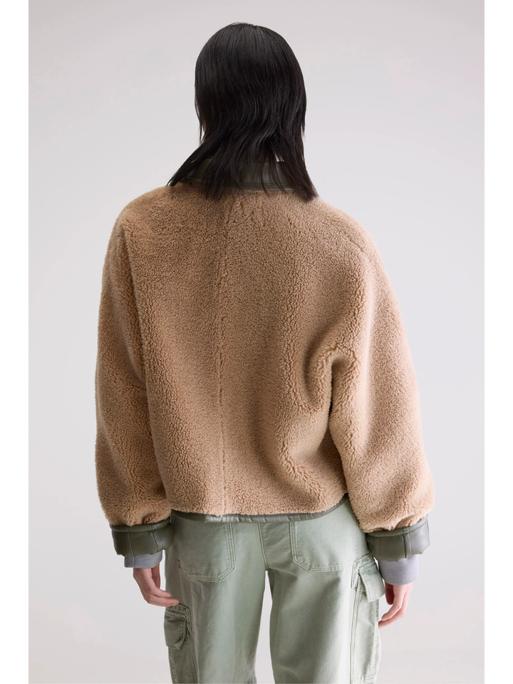 Kakigroene lederlook / beige teddy reversibel jas Josh Bellerose