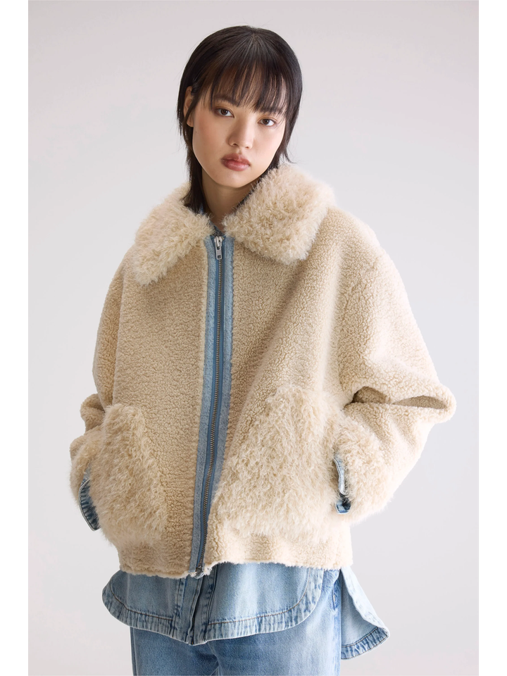 Ecru faux fur jas in teddy Bellerose 