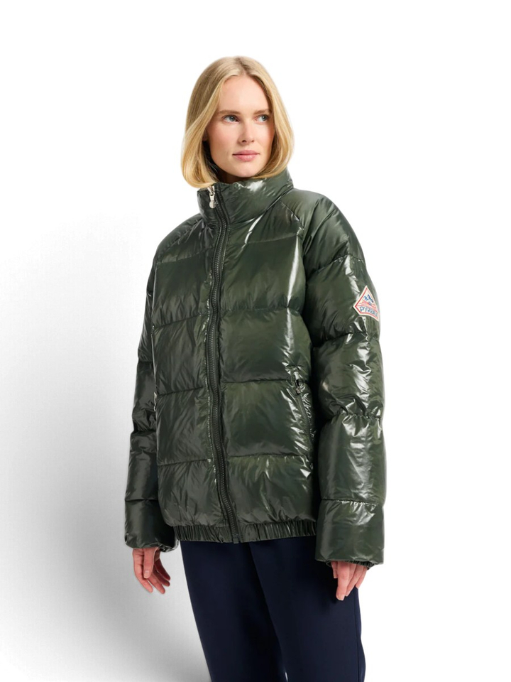 Groene glanzende puffer jacket met elastiek onderaan Huyo Pyrenex