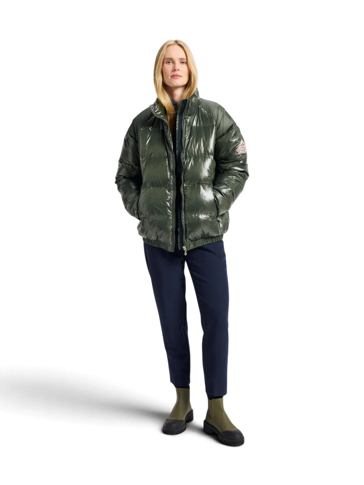 Groene glanzende puffer jacket met elastiek onderaan Huyo Pyrenex