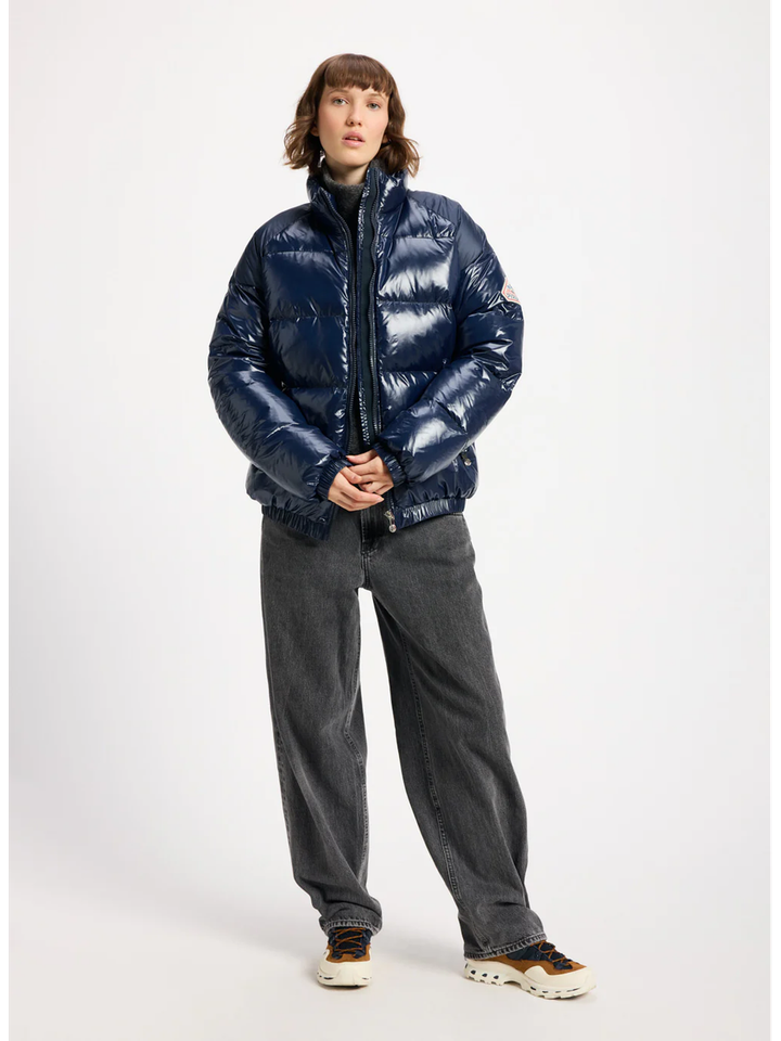 Donkerblauwe glanzende puffer jacket met elastiek onderaan Huyo Pyrenex
