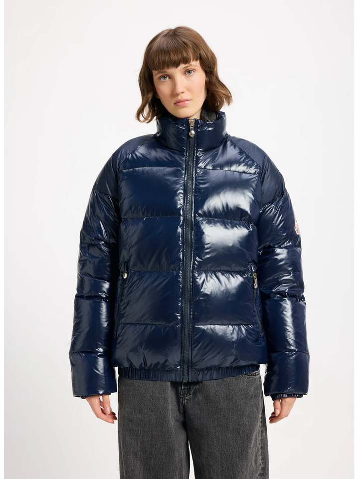Donkerblauwe glanzende puffer jacket met elastiek onderaan Huyo Pyrenex