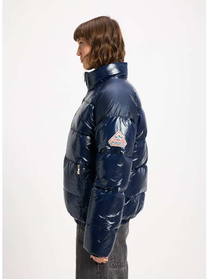 Donkerblauwe glanzende puffer jacket met elastiek onderaan Huyo Pyrenex
