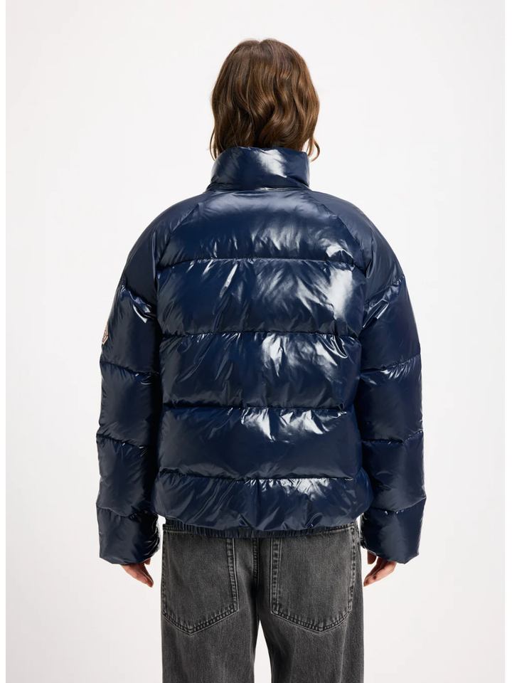 Donkerblauwe glanzende puffer jacket met elastiek onderaan Huyo Pyrenex