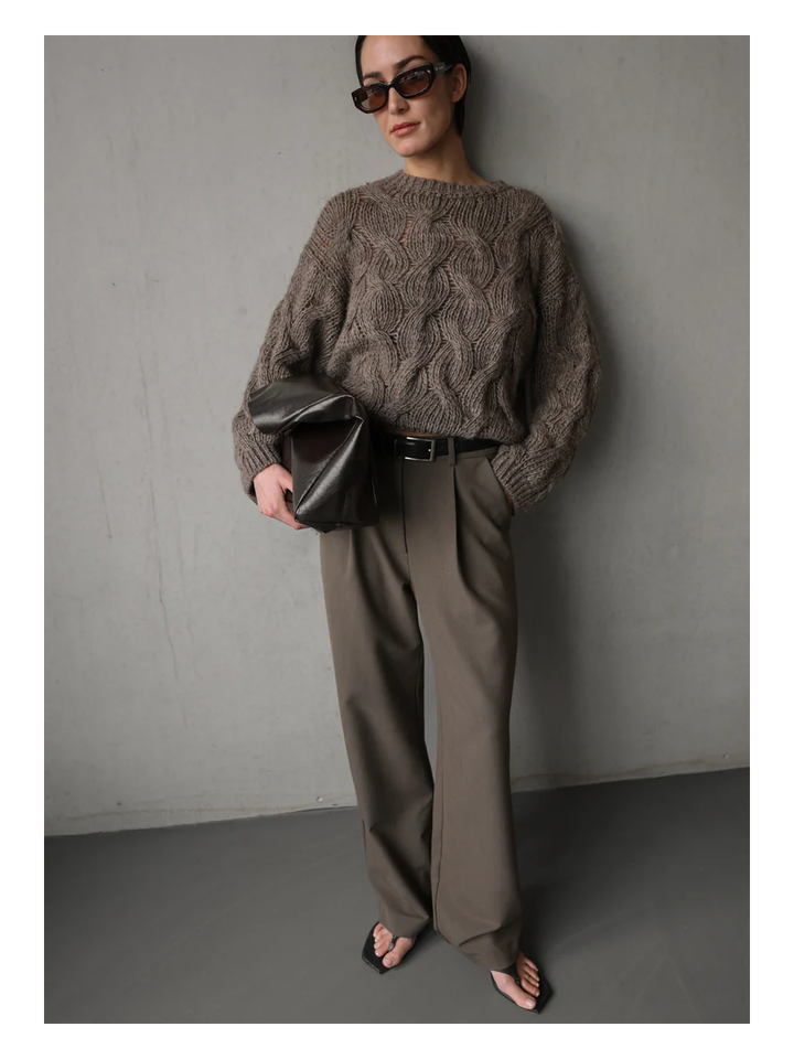 Taupe kleureige wijde broek met bandplooi Jimi Club l'avenir