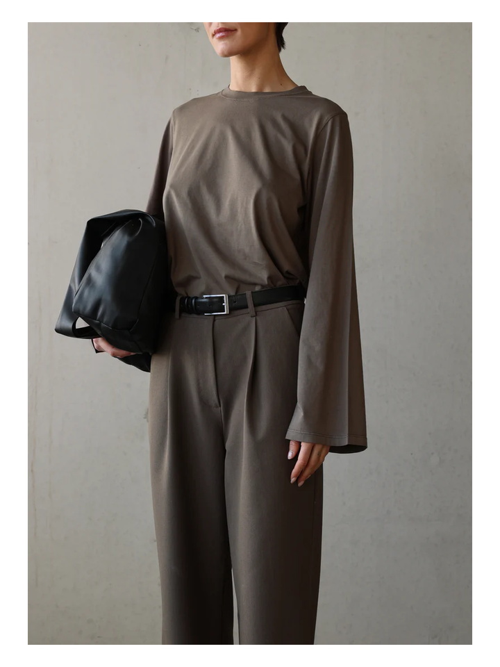 Taupe kleureige wijde broek met bandplooi Jimi Club l'avenir