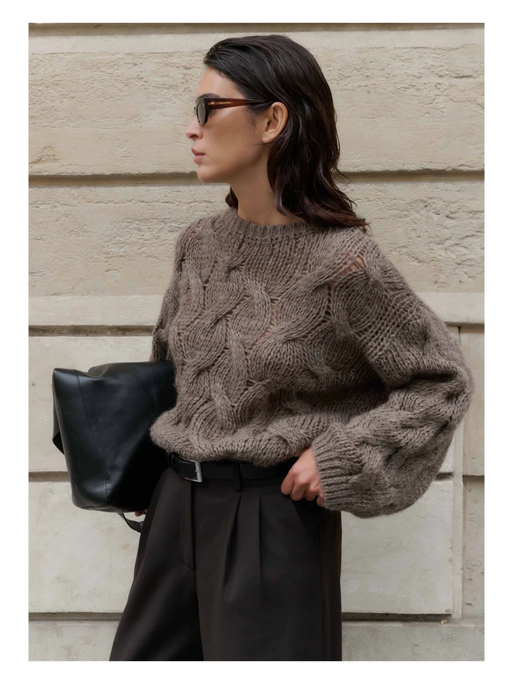 Taupe kleurige wollen pull met ronde hals Kae Club L'Avenir