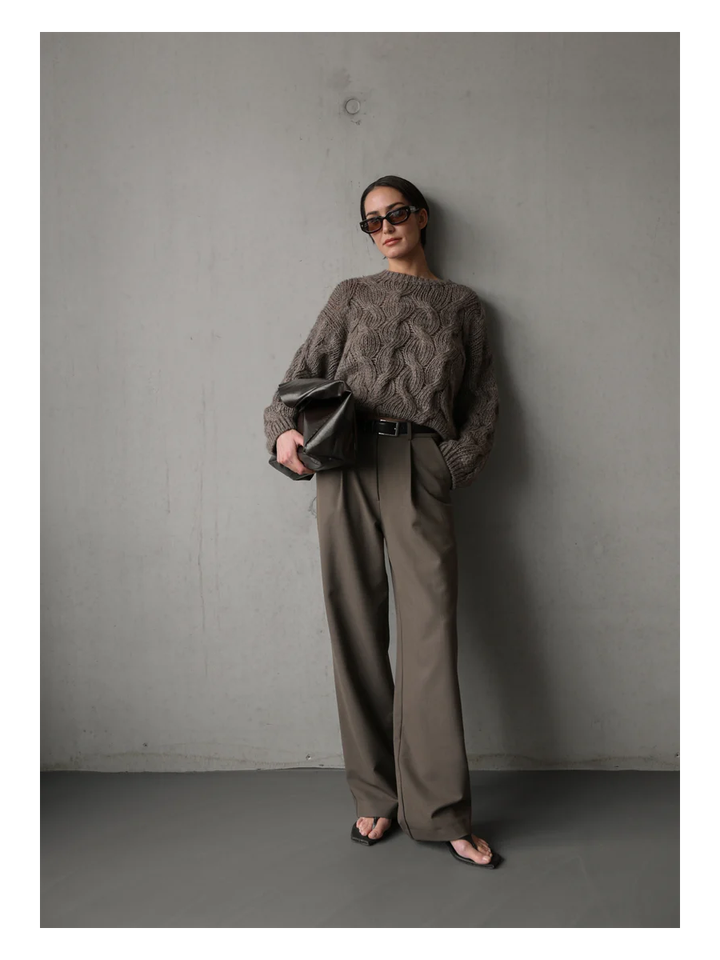 Taupe kleurige wollen pull met ronde hals Kae Club L'Avenir