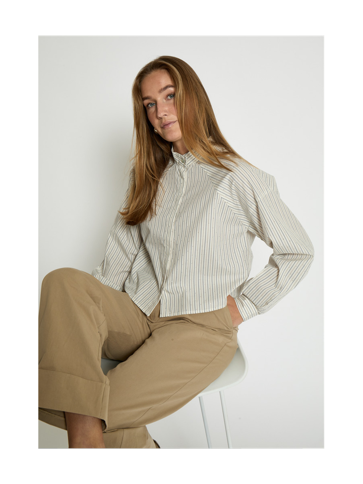 Beige gestreepte katoenen blouse met strass Kamari Peppercorn