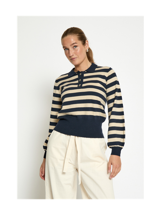 Beige met blauw gestreepte polo met sierlijke knopen Aliana Minus
