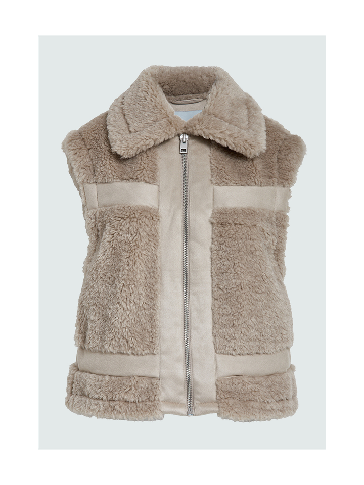 Beige fluffy bodywarmer met rits Alda Minus