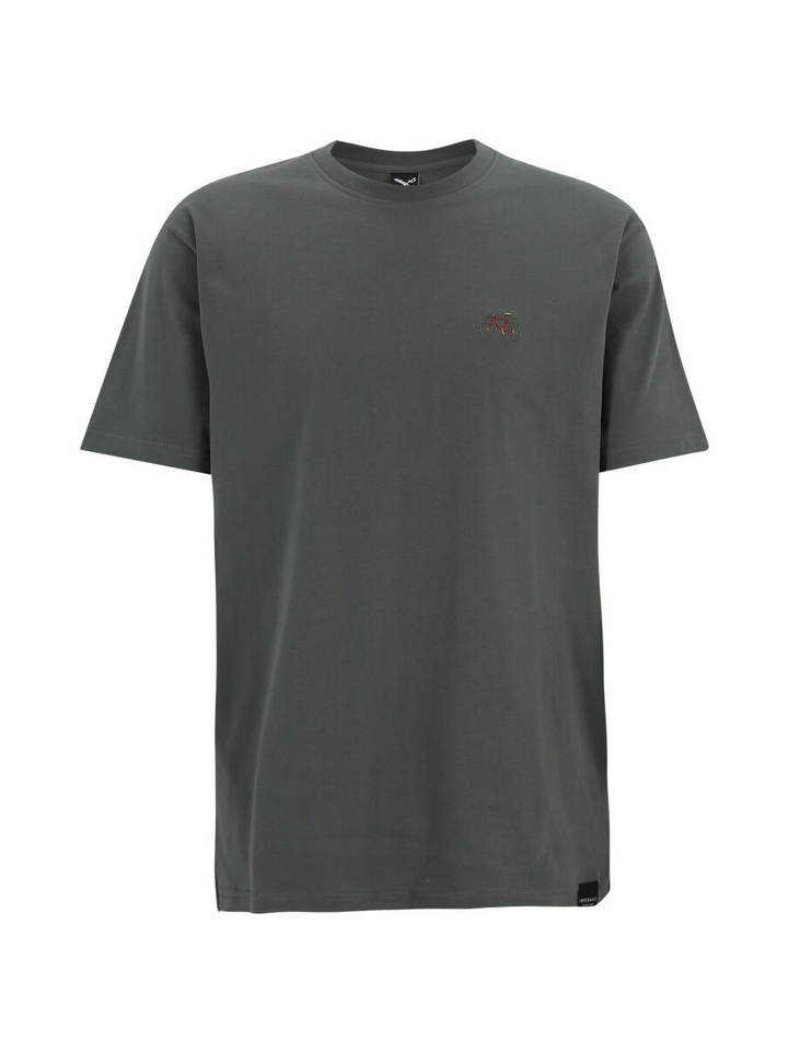 Kaki groene t-shirt met fiets logo Peaceride Iriedaily