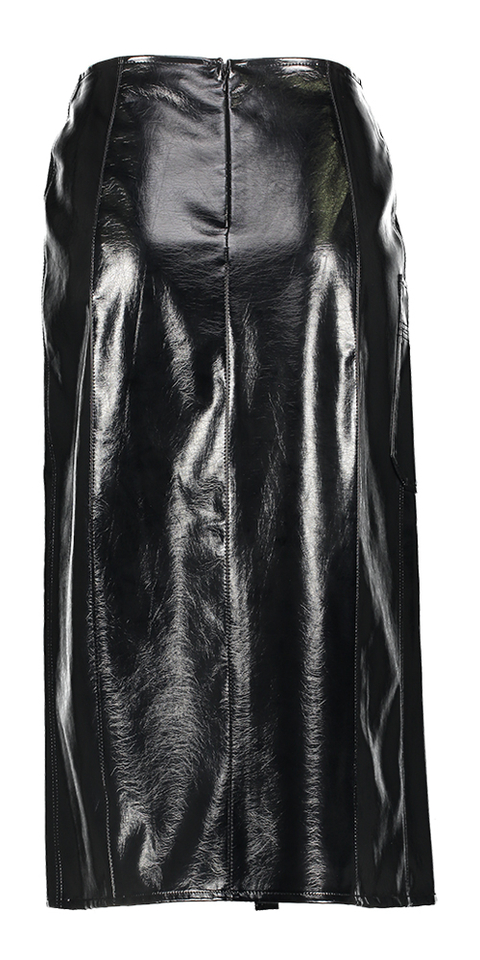 Zwarte laklederen halflange rok met split Martine Roseanna