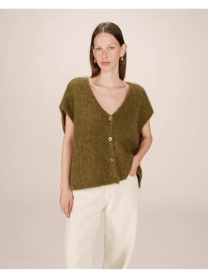 Olijf groene overdized cardigan met alpaca woll Savant Grace&Mila
