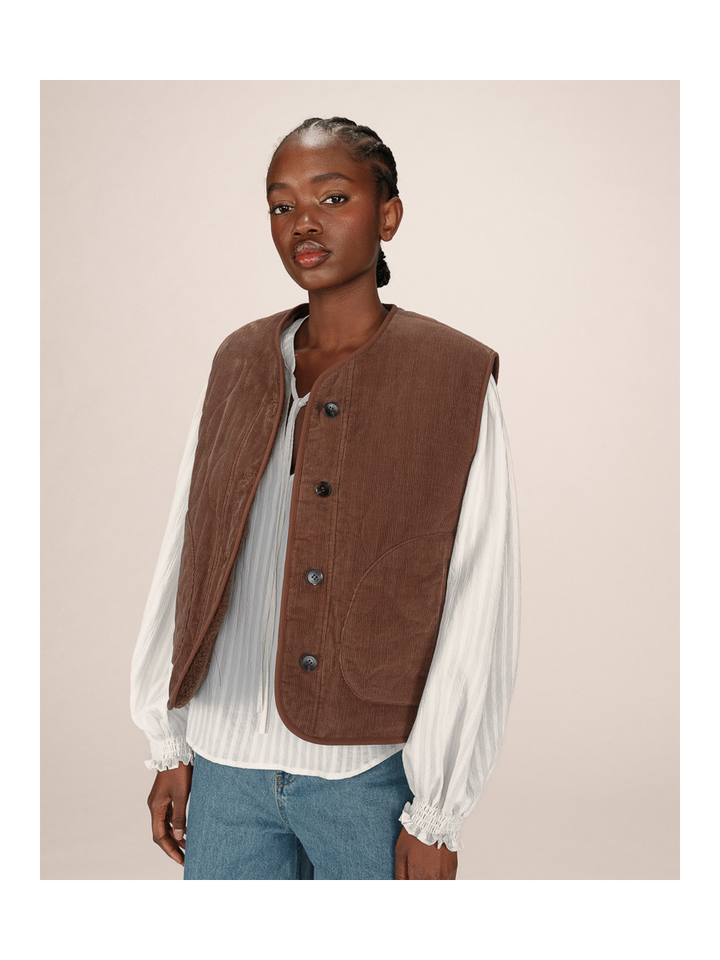 Donkerbruine reversibel ribfluwelen/teddy bodywarmer Seth Grace & Mila