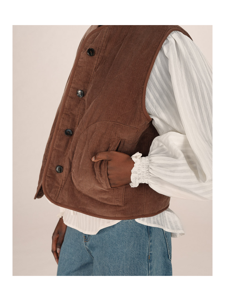 Donkerbruine reversibel ribfluwelen/teddy bodywarmer Seth Grace & Mila