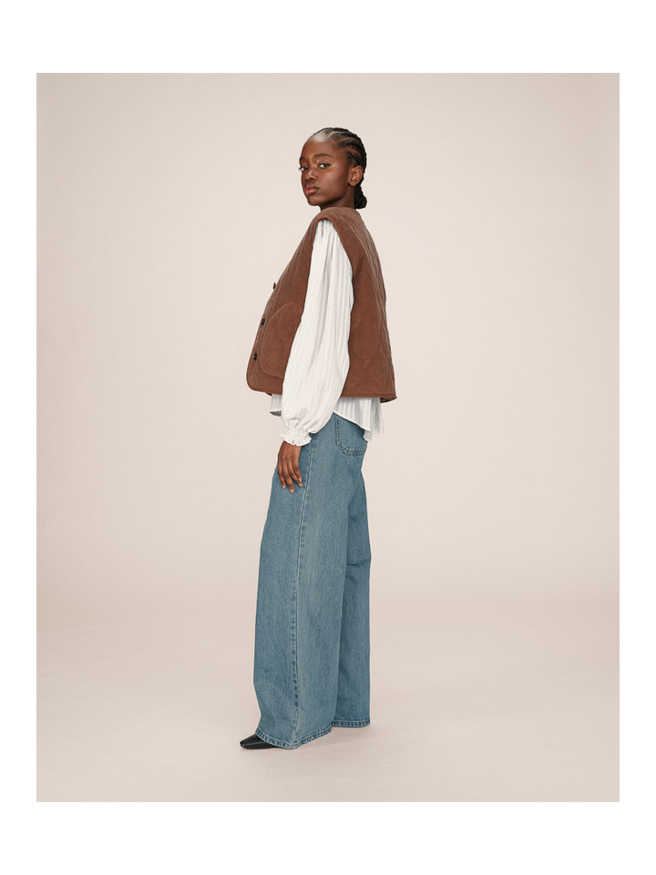 Donkerbruine reversibel ribfluwelen/teddy bodywarmer Seth Grace & Mila