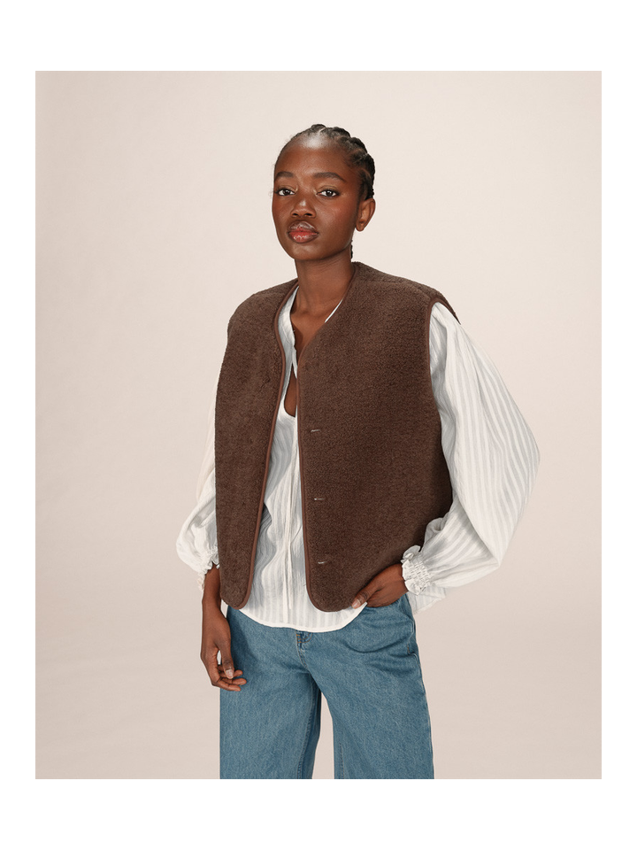 Donkerbruine reversibel ribfluwelen/teddy bodywarmer Seth Grace & Mila