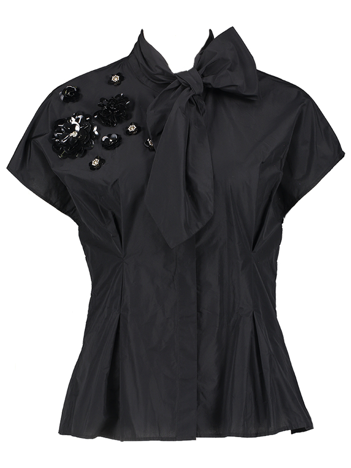 Zwarte blouse met bloemen en lint Psophia 