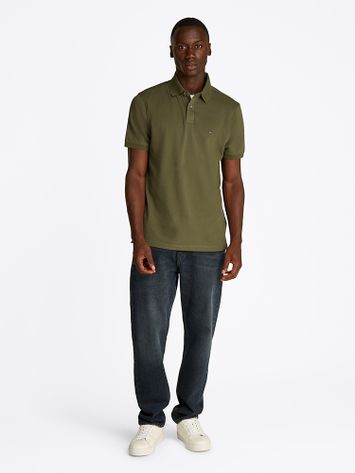 Kaki kleurige katoenen polo met korte mouwen Tommy Hilfiger
