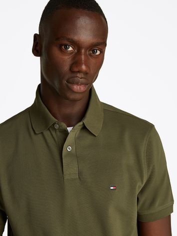 Kaki kleurige katoenen polo met korte mouwen Tommy Hilfiger