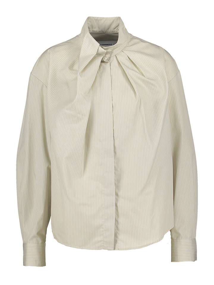 Beige gestreepte bloes met details aan de hals India Margaux Lonnberg 