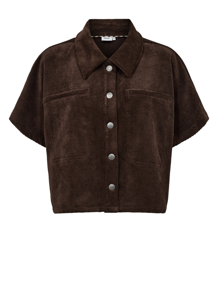 Donkerbruine cropped ribfluwelen top met knopen Thea Numph