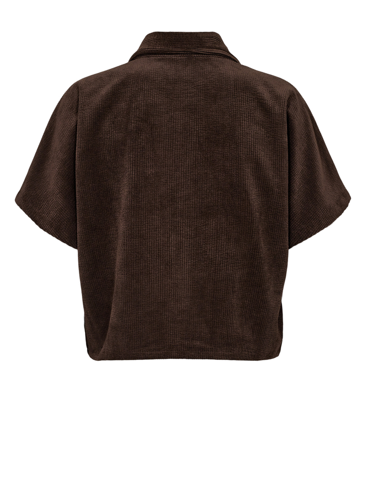 Donkerbruine cropped ribfluwelen top met knopen Thea Numph