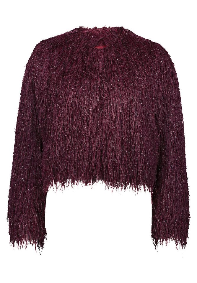 Bordeaux feestelijk jasje met fransjes en glitterdraad Vera Mont