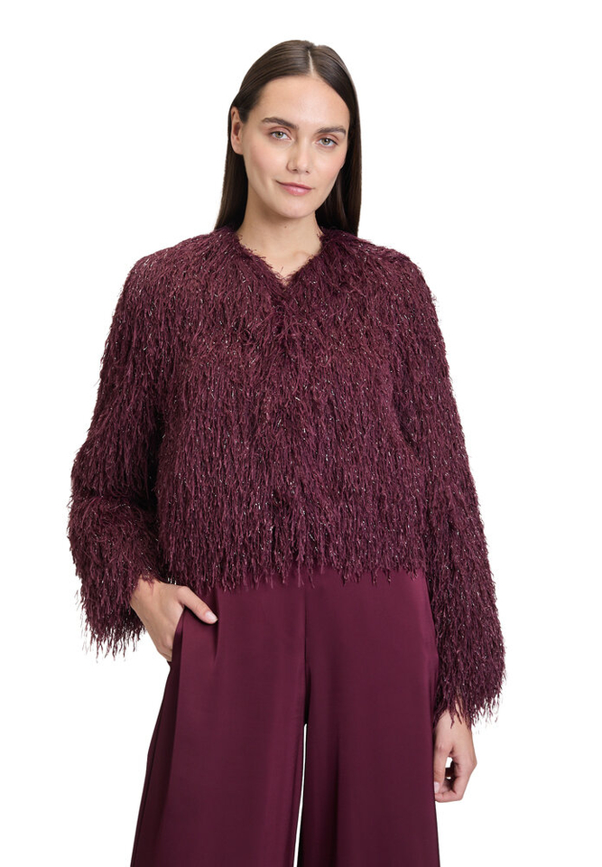 Bordeaux feestelijk jasje met fransjes en glitterdraad Vera Mont
