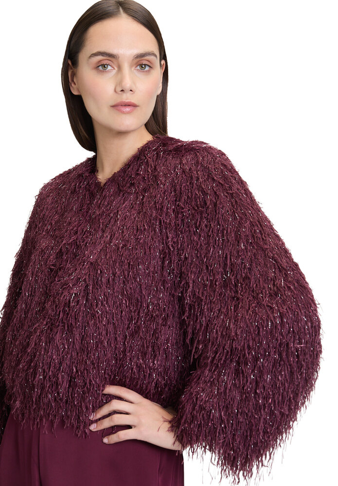 Bordeaux feestelijk jasje met fransjes en glitterdraad Vera Mont