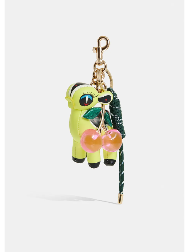 Gele, roze en groene tashanger in faux leer met hert en kersen