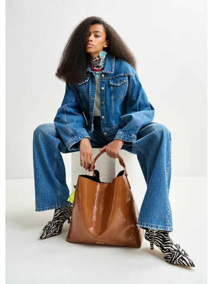 Gele, roze en groene tashanger in faux leer met hert en kersen