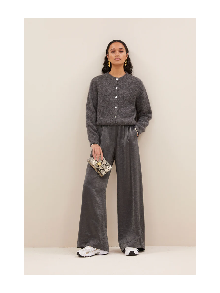 Grijze glanzende wijde broek met elastiek Benji Metallic By-Bar