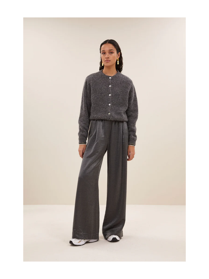 Grijze glanzende wijde broek met elastiek Benji Metallic By-Bar
