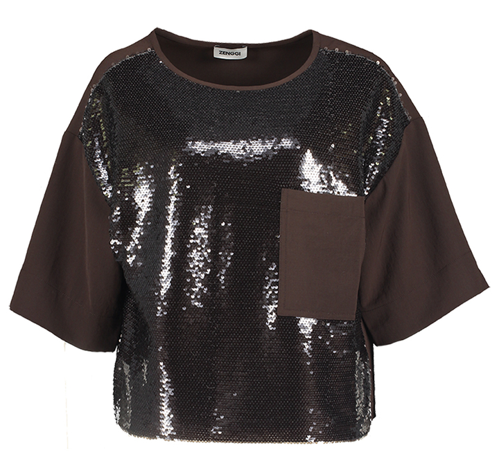 Bruine t-shirt met pailletten en opgestikte zak Zenggi 