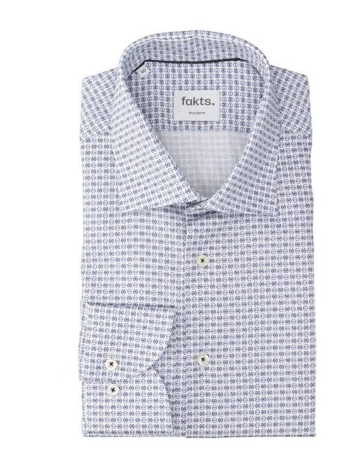 Wit katoenen hemd in blauwe print (modern fit) met lange mouwen Fakts