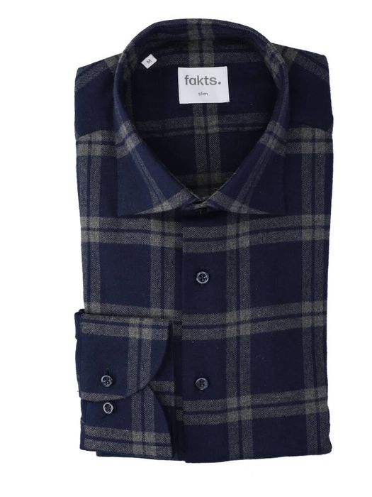 Blauw flanel hemd (slim fit) met ruiten en lange mouwen Fakts