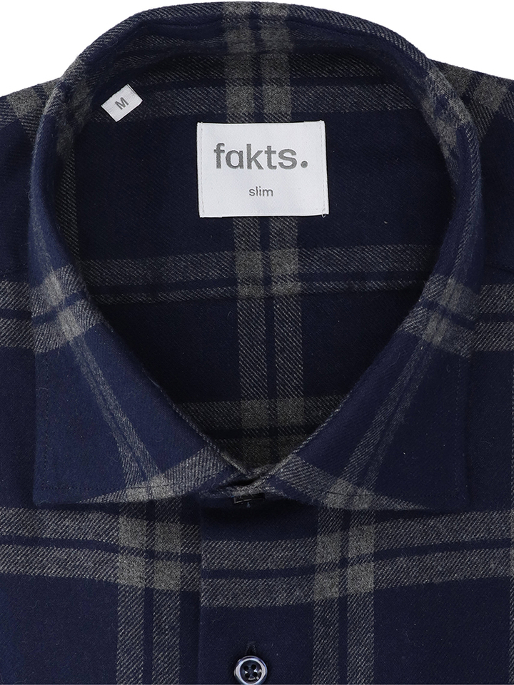 Blauw flanel hemd (slim fit) met ruiten en lange mouwen Fakts 