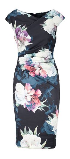 Donkerblauwe jurk met bloemenprint en watervalkraag Swing