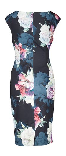 Donkerblauwe jurk met bloemenprint en watervalkraag Swing