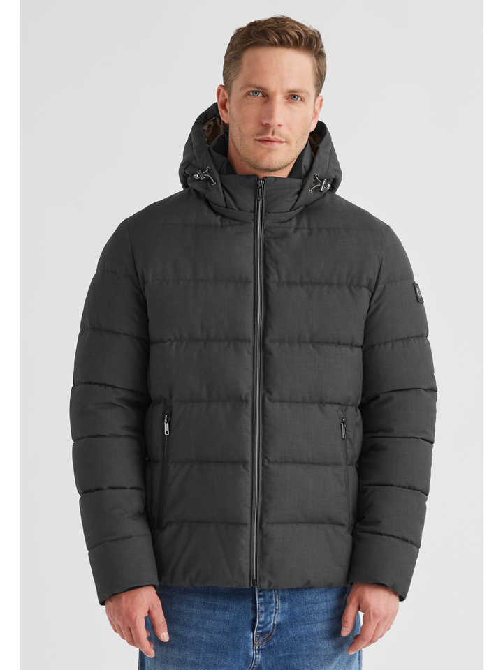 Antraciet kleurige puffer jacket met rits en kap Mauro Milestone