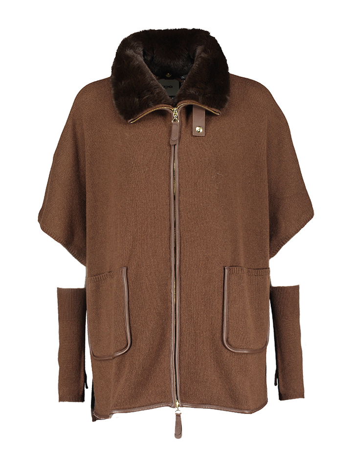 Bruine wol en cashmere ponchio met lederen details Pavia Max&Moi