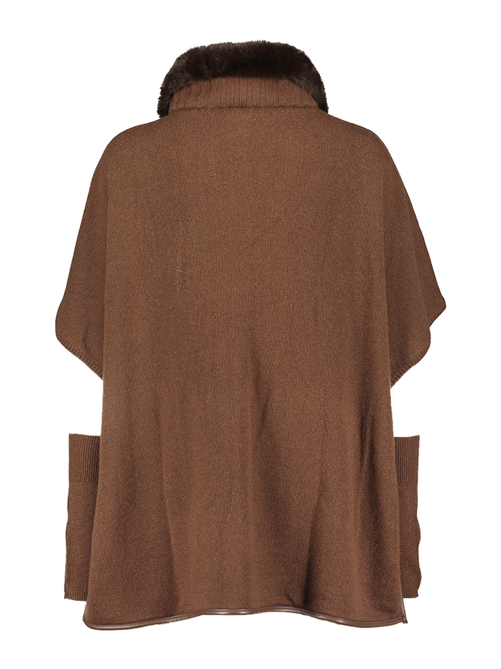 Bruine wol en cashmere ponchio met lederen details Pavia Max&Moi