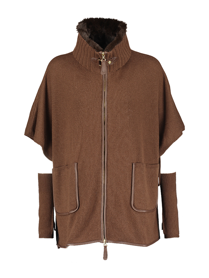 Bruine wol en cashmere ponchio met lederen details Pavia Max&Moi